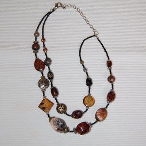 Beautiful Brown/Bronze Tone Beaded Necklace W/Other Earth Tones Double Strand